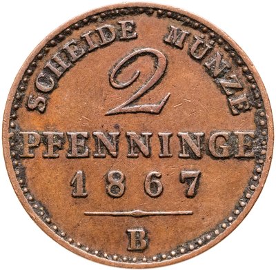 купить Германия, Пруссия 2 пфеннига 1867, знак монетного двора: "B" - Ганновер