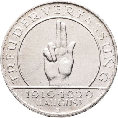 купить Германия 3 рейхсмарки (reichsmark) 1929 "10 лет Веймарской конституции", знак монетного двора "D" — Мюнхен