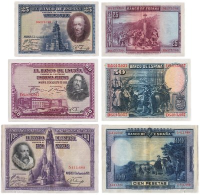 купить Набор Испания 25, 50 и 100 песет 1928 (3 боны) Педро Кальдерон де ла Барка, Диего Родригес де Силва и Веласкес, Мигель де Сервантес