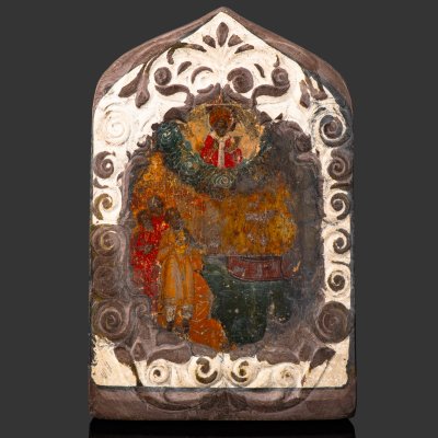 купить [Редкий сюжет] Икона Святого Николая Чудотворца "Деяние о хлебовозах в гавани", дерево, темпера, Российская империя, 1800-1850 гг.