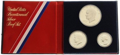 Купить Набор 200 лет независимости США 1976 (3 монеты, серебро 400 пробы) с сертификатом