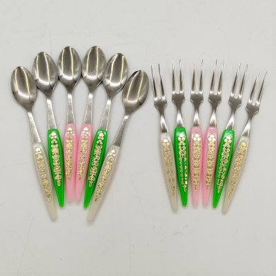 купить Набор десертных приборов (вилки и ложки, 12 шт.) на 6 персон, в коробке, сталь, пластик, золочение, картон (коробка), Япония, 1970-1990 гг.