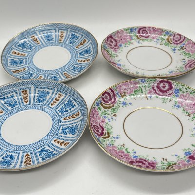 купить Набор из 4 блюдец разных расцветок с геометрическим и растительным декором (подбор!), фарфор, деколь, золочение, Ленинградский фарфоровый завод (ЛФЗ), СССР, 1960-1990 гг.