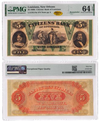 купить США, Новый Орлеан, Гражданский банк Луизианы 5 долларов 1860 е в слабе PMG UNC 64 EPQ