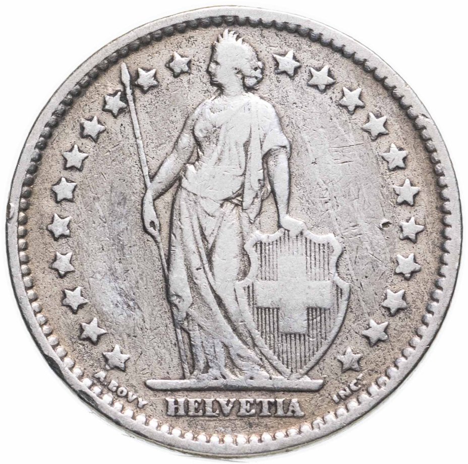 Монета Швейцария 2 франка (francs) 1875 стоимостью 1662 руб.