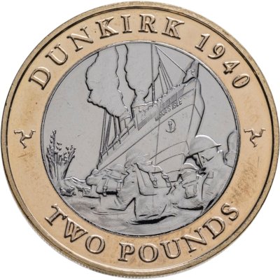 купить Остров Мэн 2 фунта 2020 "80 лет эвакуации из Дюнкерка /корабль и атакующий самолет/"