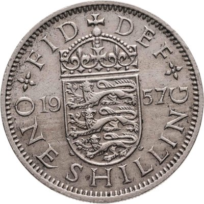 купить Великобритания 1 шиллинг (shilling) 1957 Английский герб - 3 льва внутри коронованного щита