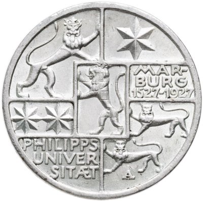 купить Германия [Веймарская республика] 3 рейхсмарки 1927 A "400 лет основания Марбургского университета ландграфом Филиппом I"