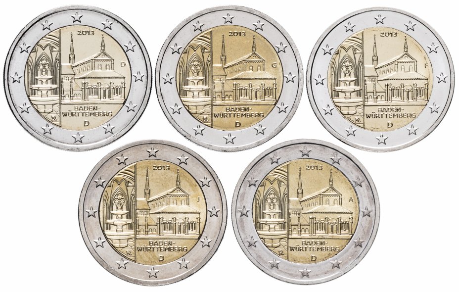 купить Германия комплект 2 евро 2013 Баден-Вюртенберг ADFGJ (5 штук, UNC)
