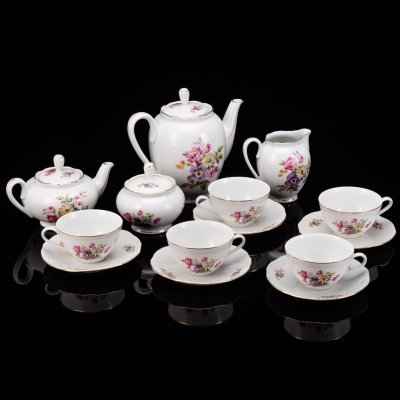 купить Сервиз чайный с цветочным декором на 5 персон (14 предметов), фарфор, деколь, золочение, Könitz Porzellan, Германия, 1954-1962 гг.