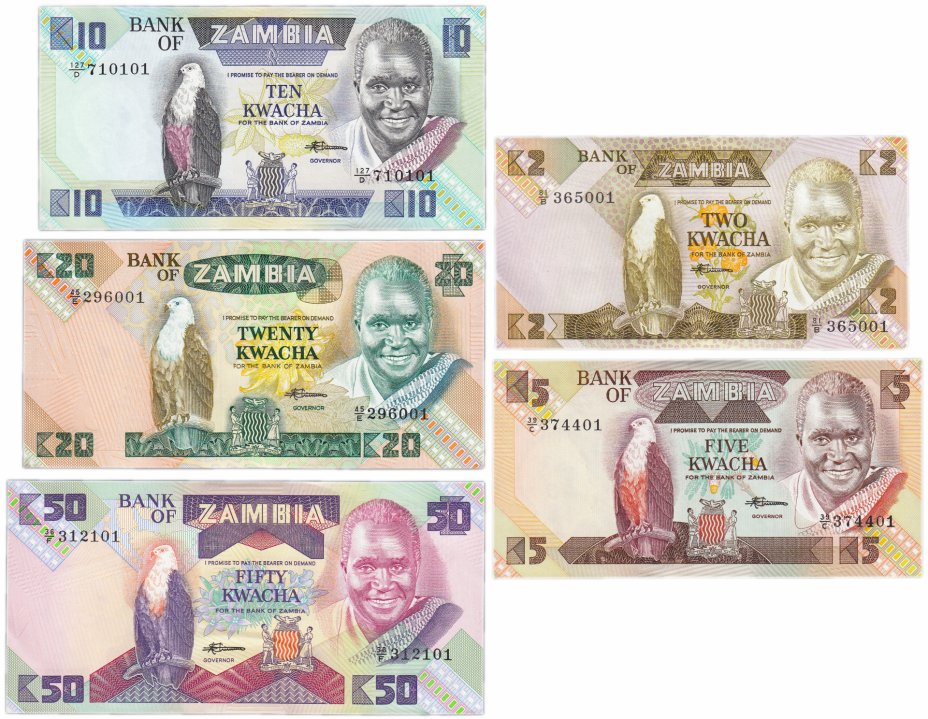 купить Замбия набор банкнот 1980 -1988 (5 штук) 2, 5, 10, 20, 50 квача