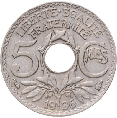 купить Франция 5 сантимов (centimes) 1936 Новый тип: Отверстие в центре
