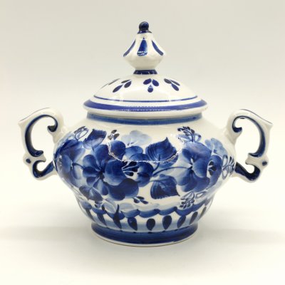 купить Сахарница (ёмкость для хранения) с цветочным декором, авт. Маланина, исп. Юрина, фарфор, роспись, Объединение «Гжель», Россия, 1986-1991 гг.