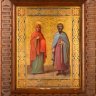 Купить Икона "Св. Анна, мать Пресвятой Богородицы и св. мученик Александр" с надписью на обороте и в киоте с рельефным декором, дерево, резьба, левкас, темпера, золочение, цировка, стекло, Российская империя, 1890-1915 гг.