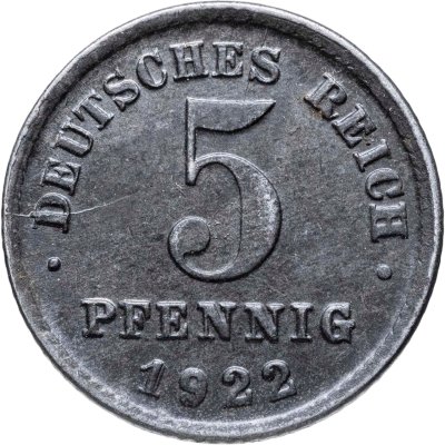 купить Германия 5 пфеннигов (pfennig) 1922 G знак монетного двора: "G" - Карлсруэ