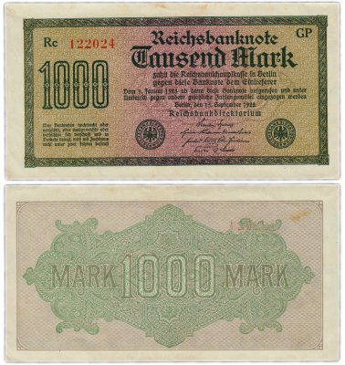 Купить Германия 1000 марок 1922 (Pick 76b) красный номер шрифт большой