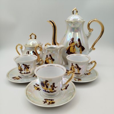 купить Сервиз кофейный "Галантная сцена" на 3 персоны (9 предметов), фарфор, деколь, люстр, золочение, FP Zajecar, Югославия, 1970-1980 гг.