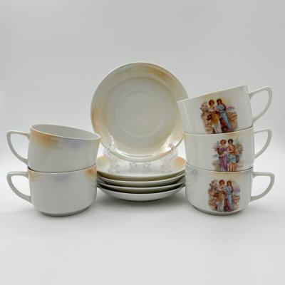 купить Набор чайно-кофейных пар с изображением девушек в саду на 5 персон, фарфор, деколь, Victoria, Чехословакия, 1918-1939 гг.