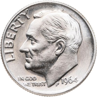 купить США 10 центов (дайм, one dime) 1964 Silver Roosevelt Dime (Рузвельт) без обозначения монетного двора