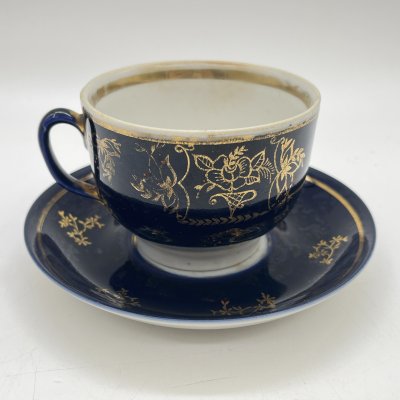 купить Чайная пара с растительным декором, фарфор, кобальт, золочение, деколь, Довбышский фарфоровый завод (Довбыш), СССР, 1970 г.
