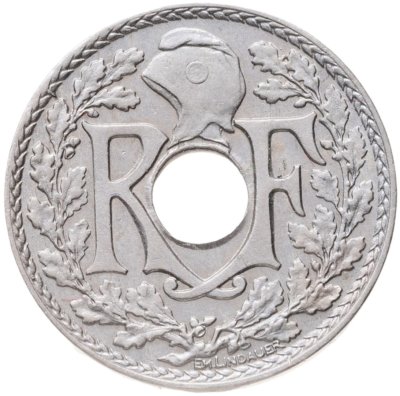 купить Франция 5 сантимов (centimes) 1935 Новый тип: Отверстие в центре