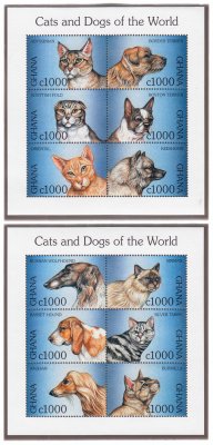 купить Гана набор из 2-х малых листов (12 марок) 1997 "Кошки и собаки мира. Породы", 1000 седи