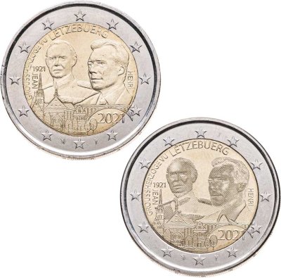 купить Люксембург, комплект из 2-х монет 2 евро (euro) 2021 100 лет со дня рождения Великого Герцога Жана (рельеф и контррельеф)