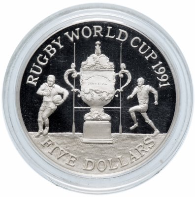 купить Новая Зеландия 5 долларов (dollars) 1991 Proof "Чемпионат мира по регби"
