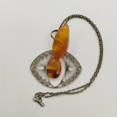 купить Набор из кольца и подвески, мельхиор (медь-никель), янтарь, скань, СССР, 1970-1990 гг.