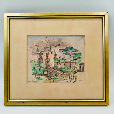 купить Пейзаж с видом средневековых ворот в Старый город Дубровника, оформленный в раму, неизвестный художник (подпись неразборчива), бумага, акварель с подрисовкой ручкой, дерево, Хорватия, 2000-2010 гг.