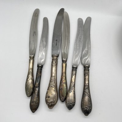 купить Набор из 6 ножей с декором "Пламя" (подбор), мельхиор (медь-никель), СССР, 1960-1980 гг.