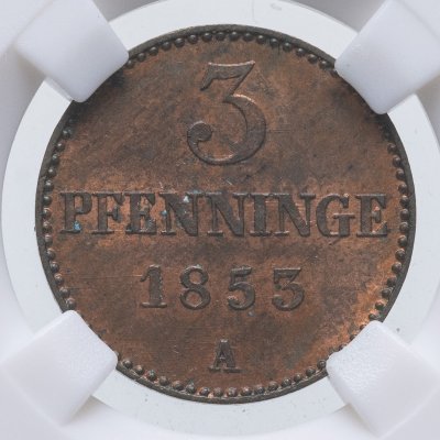 купить Германия, Мекленбург-Шверин 3 пфеннига 1853 в слабе ННР MS63