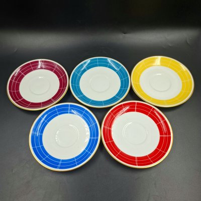 купить Набор из пяти разноцветных блюдец с геометрическим декором, фарфор, крытье, золочение, Graf Von Henneberg Porzellan, 1777 Jlmenau, Германия, 1949-1973 гг.
