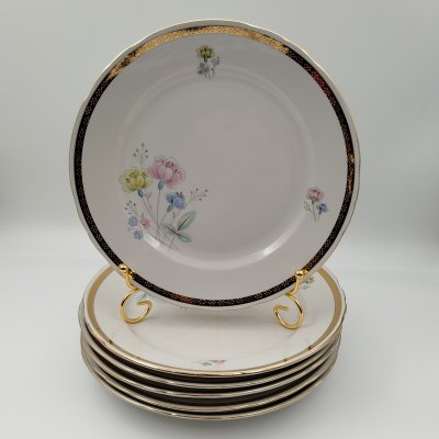 купить Набор обеденных тарелок с цветочным декором и золотистым кантом на 6 персон, фарфор, деколь, золочение, Porzellanfabrik Kalk (KPE), ГДР, 1950-1990 гг.
