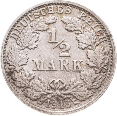 купить Германия 1/2 марки 1916, знак монетного двора: "F" - Штутгарт