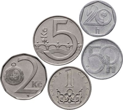 купить Чехия набор из 5 монет 20, 50 геллеров и 1, 2, 5 крон 1993-2004