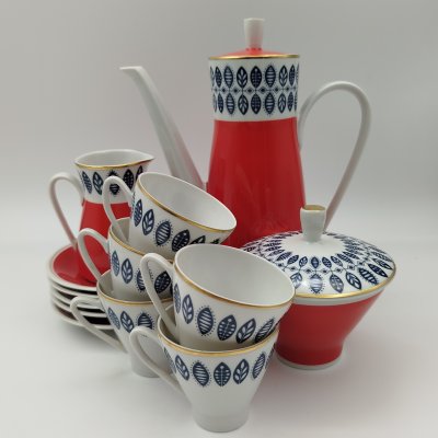 купить Сервиз кофейный на 5 персон (13 предметов) с растительным декором, фарфор, крытье, деколь, Freiberger Porzellan, ГДР, 1970-1980 гг.