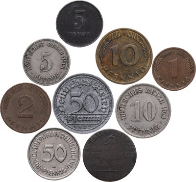 купить Германия набор из 9 монет 1, 2, 5, 10, 50 пфеннигов (pfennig) 1839-1992