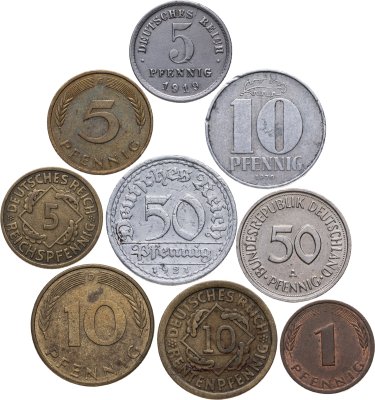 купить Германия набор из 9 монет 1, 5, 10, 50 пфеннигов (pfennig) 1919-1996