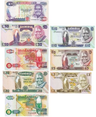 купить Замбия набор из 8 банкнот 2, 5, 10, 20, 50, 100 квача 1992-2008