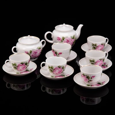 купить Сервиз чайный «Роза» на 6 персон (14 предметов), фарфор, деколь, золочение, Завод «Красный фарфорист» (Чудово, Грузинская фарфорово-фаянсовая фабрика), СССР, 1971-1991 гг.