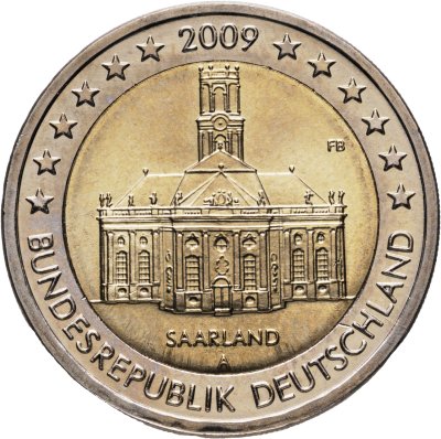 купить Германия 2 евро (euro) 2009 A "Федеральные земли Германии - Церковь Людвига в Саарбрюккен, Саар"