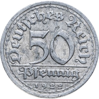 купить Германия, Веймарская республика 50 пфеннигов (pfennig) 1922, знак монетного двора "J" — Гамбург