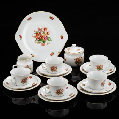 купить Набор чайный с цветочным декором на 5 персон (18 предметов), фарфор, деколь, золочение, Thun (Тун), Чехословакия, 1980-1993 гг.