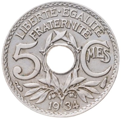 купить Франция 5 сантимов (centimes) 1934 Новый тип: Отверстие в центре