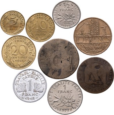 купить Франция набор из 9 монет 1, 5, 10, 20, сантимов и 1/2, 1, 10 франков 1855-1994