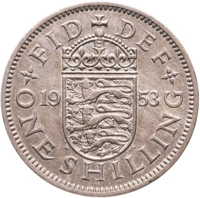 купить Великобритания 1 шиллинг (shilling) 1953 Английский герб - 3 льва внутри коронованного щита
