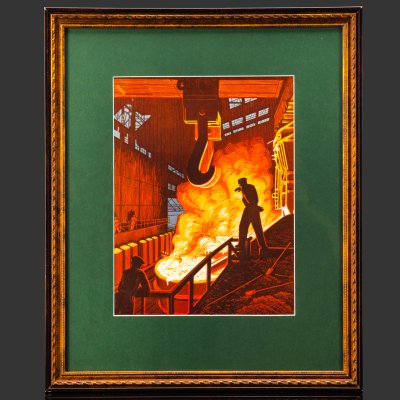 купить Дмитрий Федорович Фехнер (1897-1973) "Плавка. Сталь идет" (металлургия), бумага, цветная линогравюра, в раме, с паспарту, СССР, 1950-1955 гг.