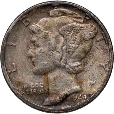 купить США 10 центов (дайм, one dime) 1944 Mercury Dime (дайм «Меркурий») без обозначения монетного двора
