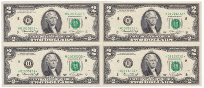 купить США 2 доллара 1976 (Pick 461) H-St.Louis Лист из 4 неразрезанных бон *-Серия замещения